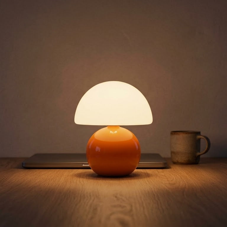 Opal Glass Mushroom Table Lamp dimmed to a low warm glow on a wooden desk at dusk