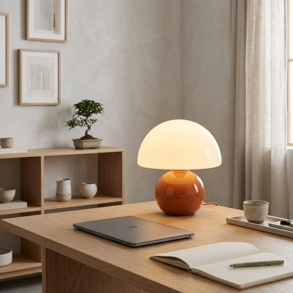 Opal Glass Mushroom Table Lamp on a light wood desk beside a laptop and a small potted plant