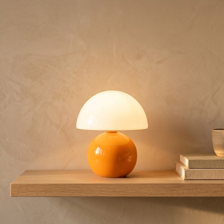 Opal Glass Mushroom Table Lamp glowing warm on a white oak floating shelf beside books and a ceramic cup