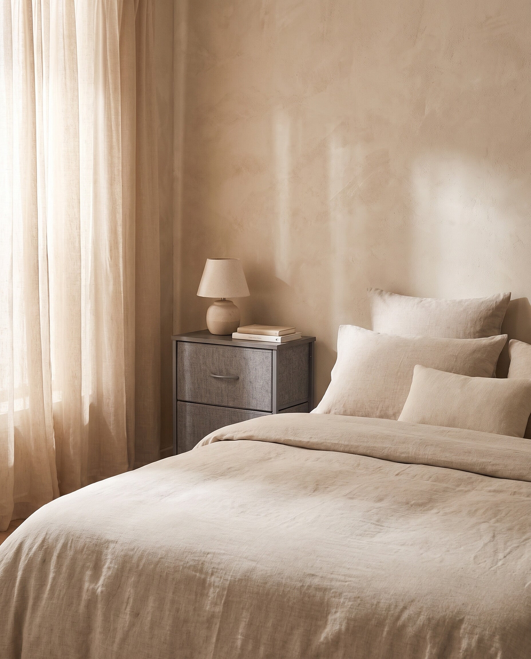 Fabric drawer nightstand in gray, styled beside a bed with oatmeal linen bedding in a warm plaster-walled bedroom