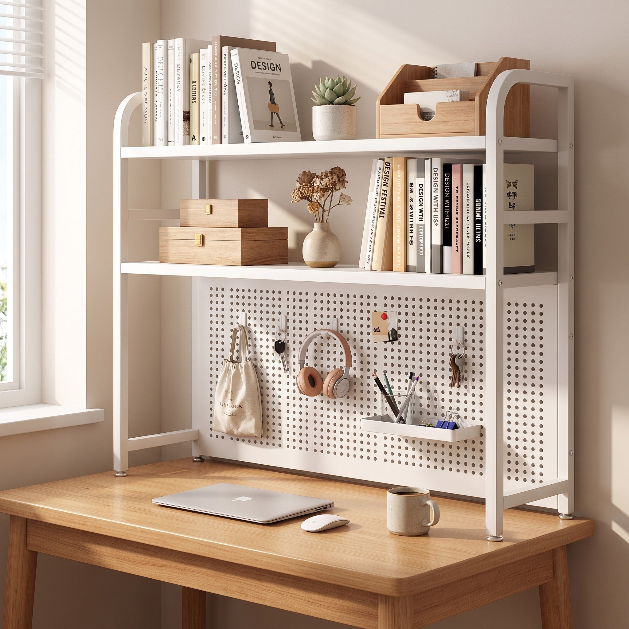 Pegboard-back desktop bookshelf styled in use on a desk