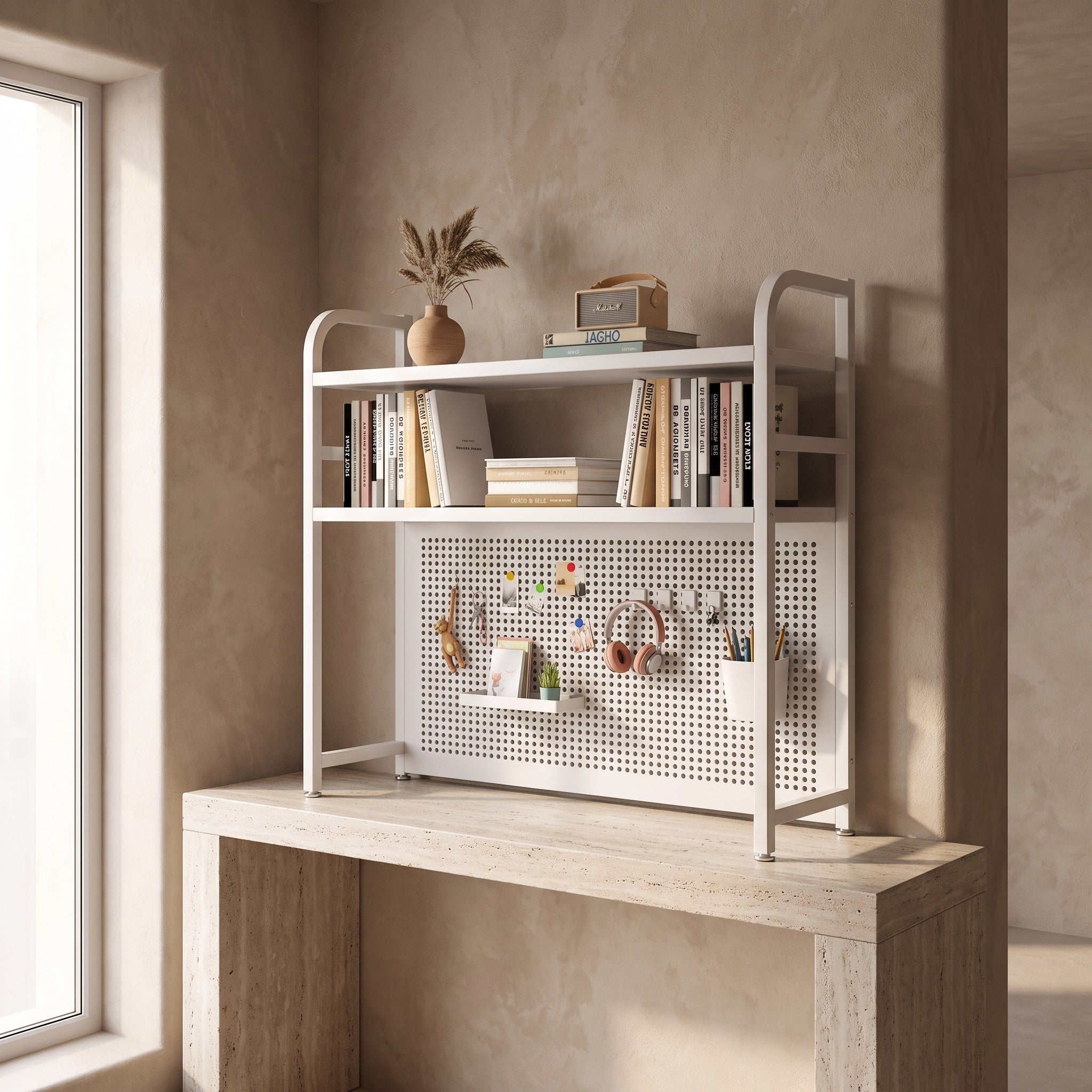 Pegboard-back desktop bookshelf in a plaster-wall entryway scene