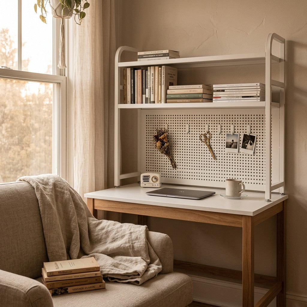 Pegboard-back desktop bookshelf in a cozy reading nook scene