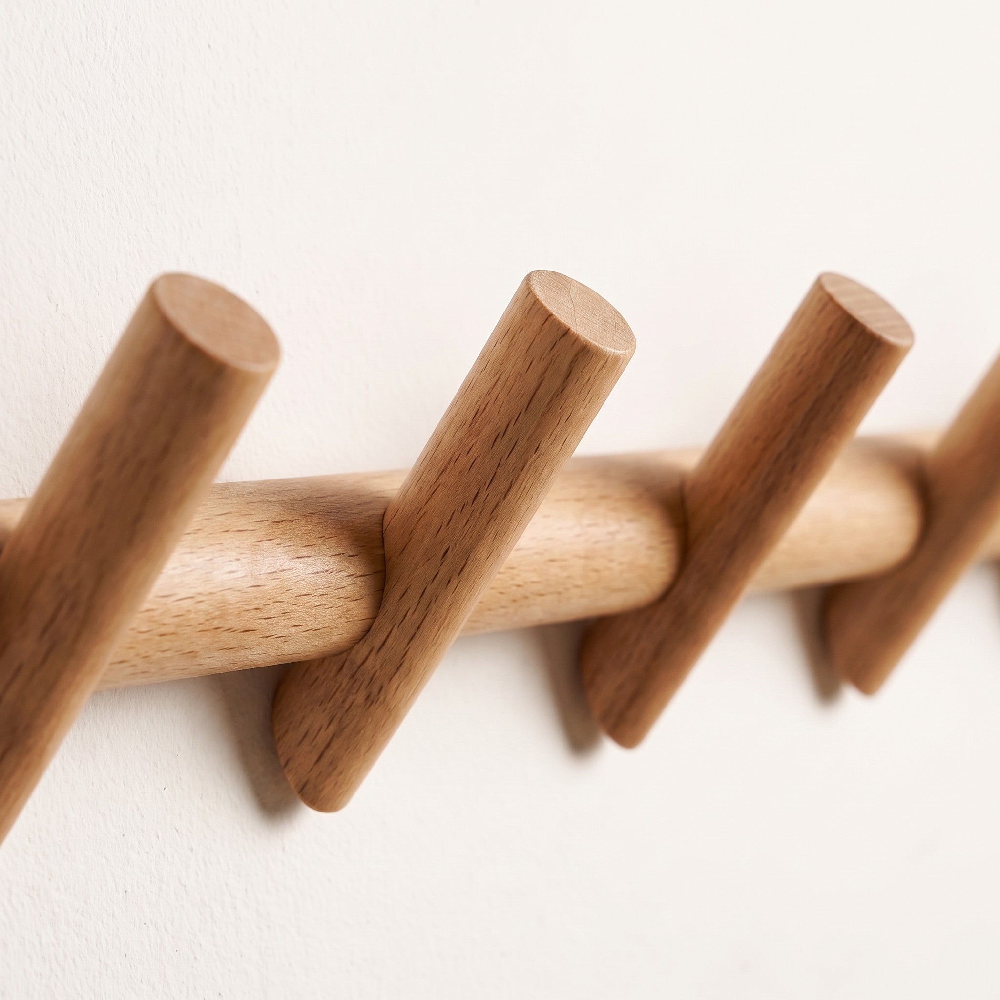 Close-up of oak wall peg rack grain and peg detail