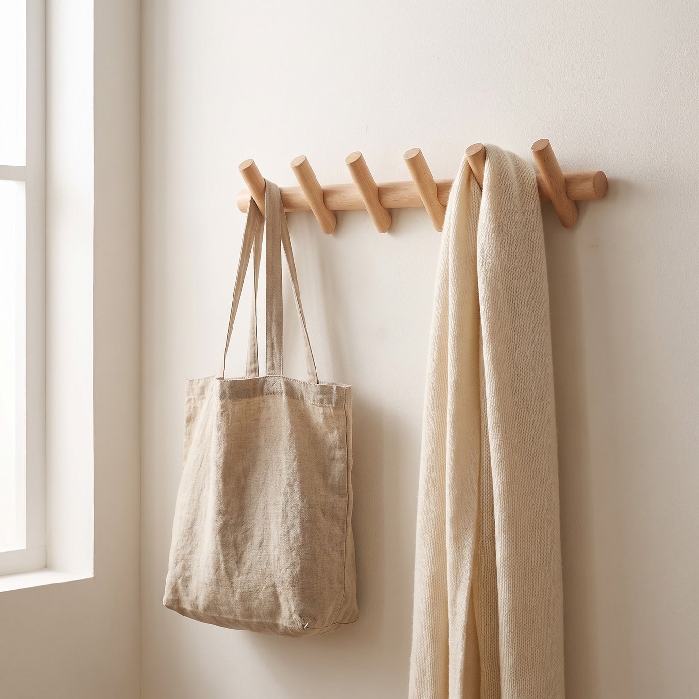 Oak wall peg rack in use with a tote bag and scarf hanging