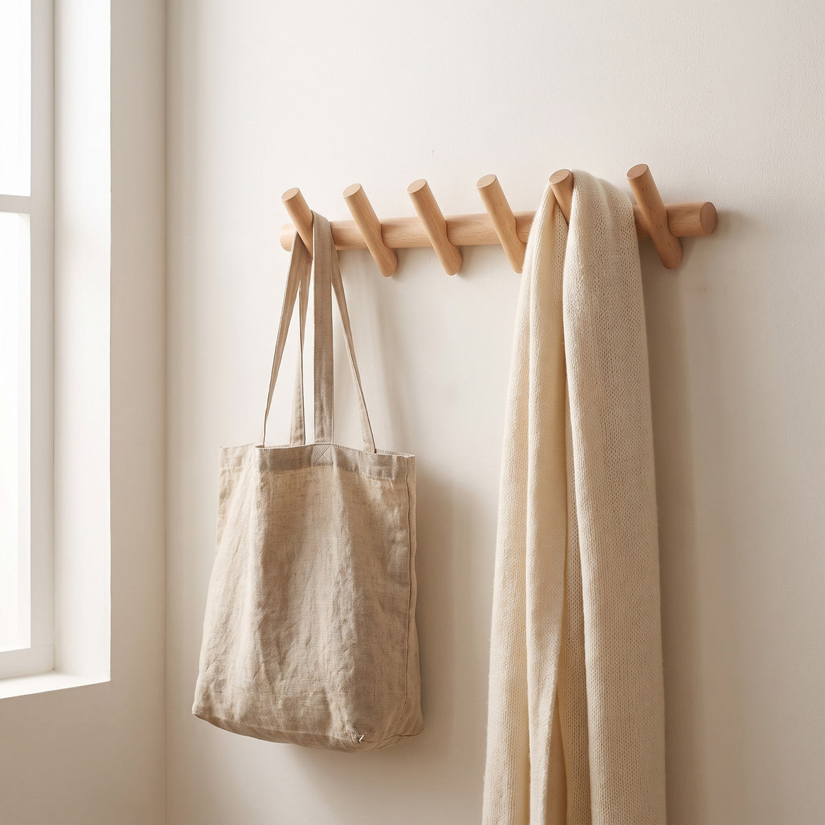 Oak wall peg rack in use with a tote bag and scarf hanging