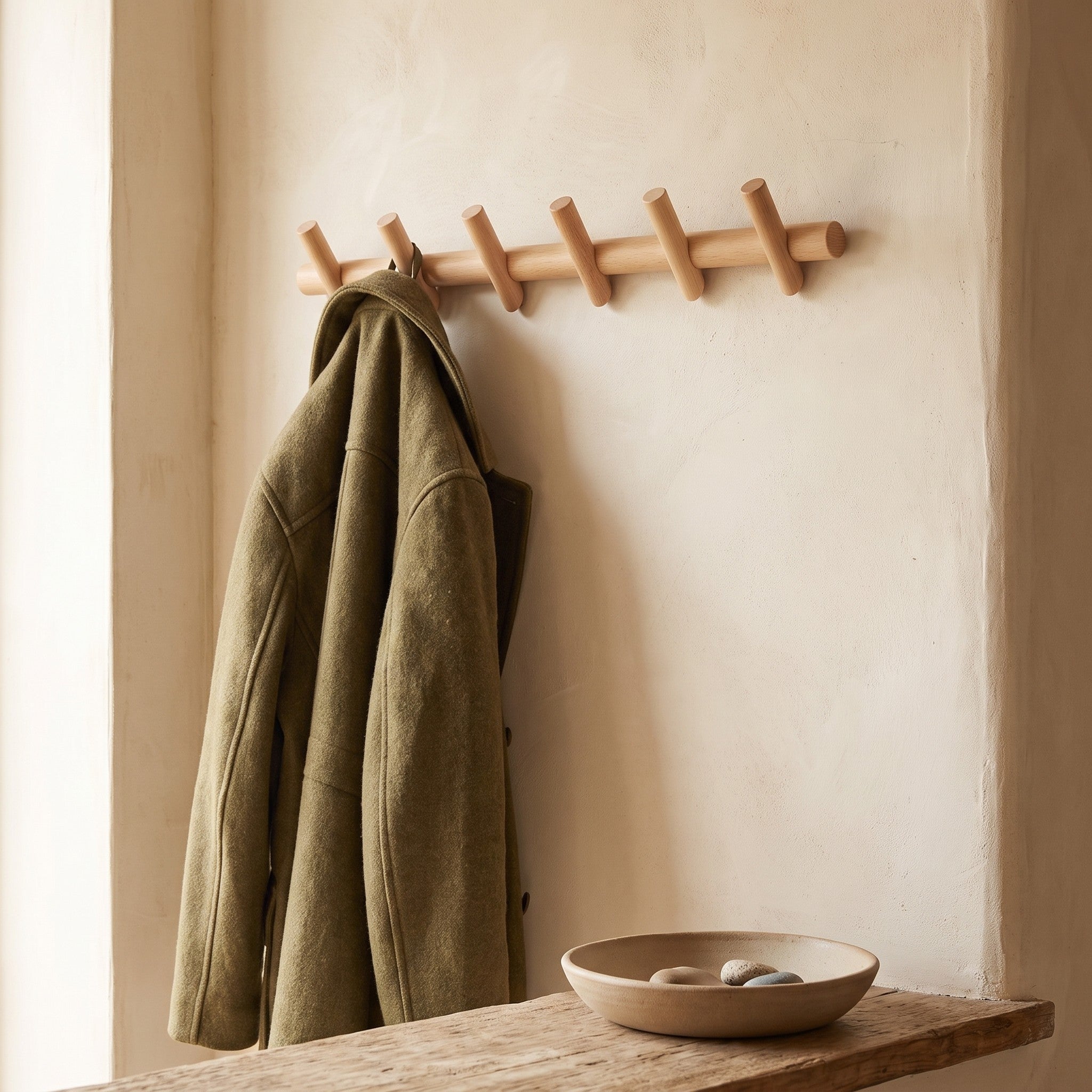 Oak wall peg rack styled in an entryway scene