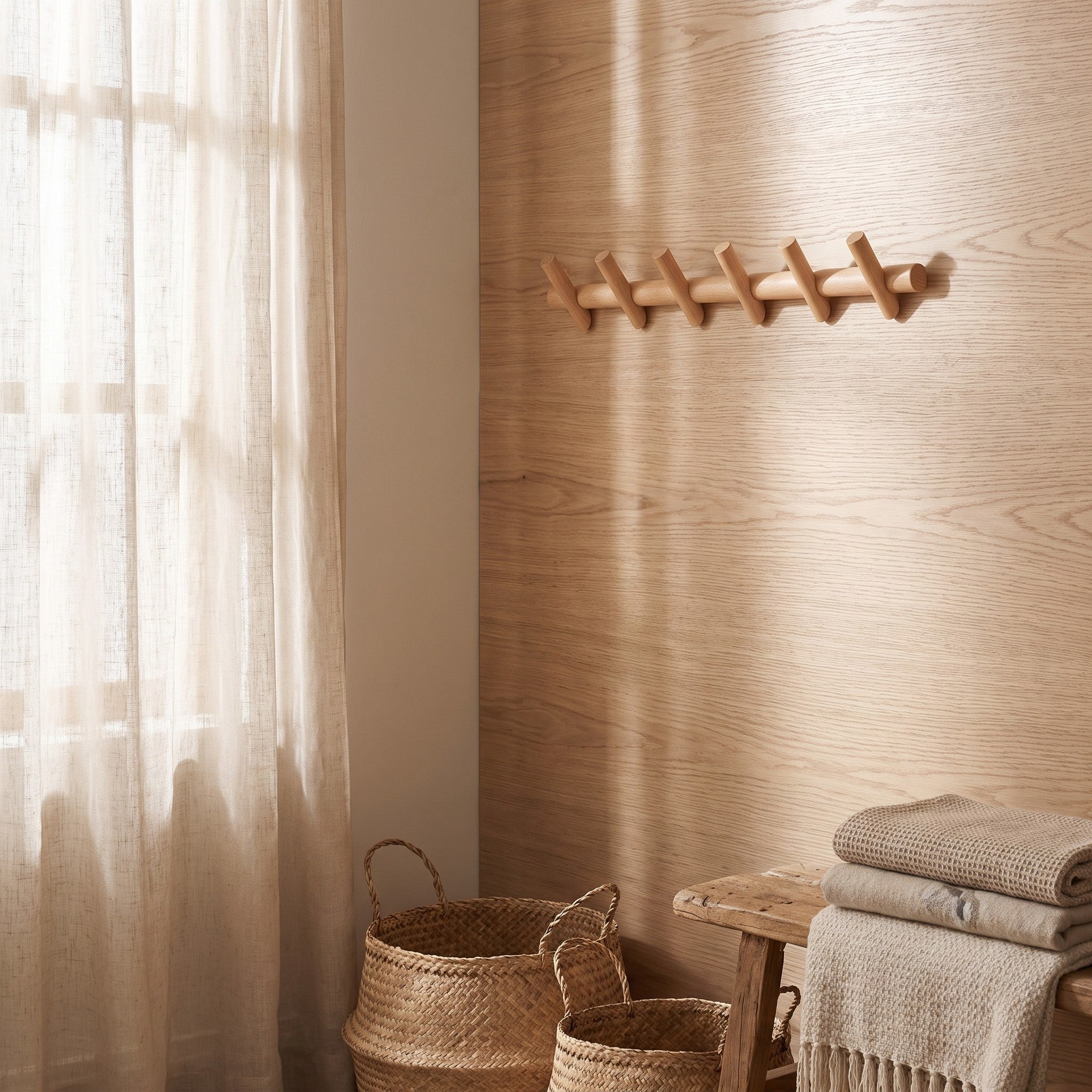Oak wall peg rack styled in a mudroom scene