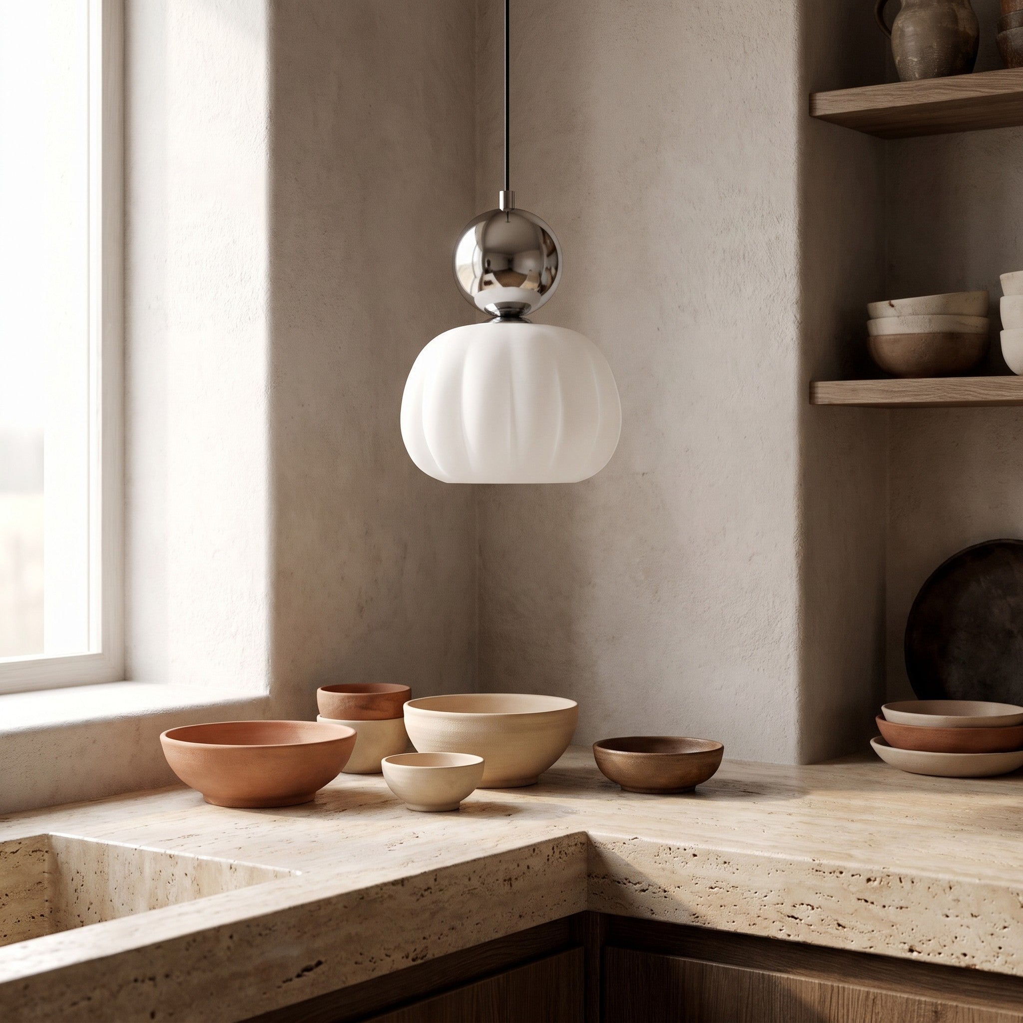 Single-head chrome pumpkin pendant light in a kitchen scene