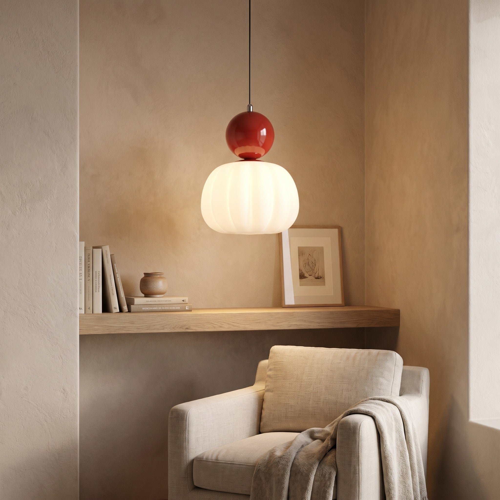 Single-head red pumpkin pendant light in a reading nook scene