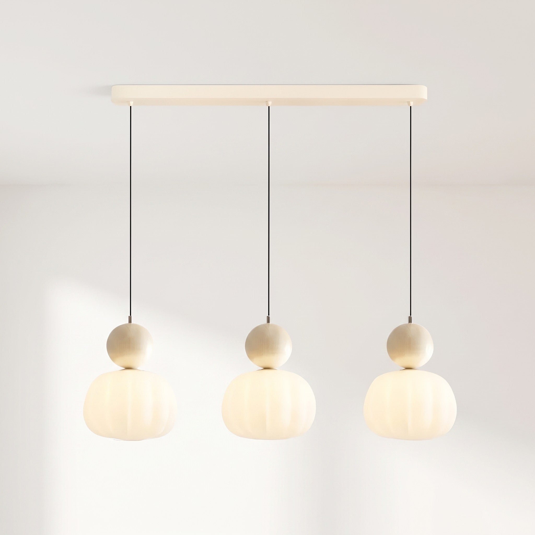 Pendant Light, Glass Pumpkin Shade, 1 or 3 Heads, G9 LED Bulb, Adjustable Cord Up to 59in, Glass and Metal Build, 3 Heads, Beige