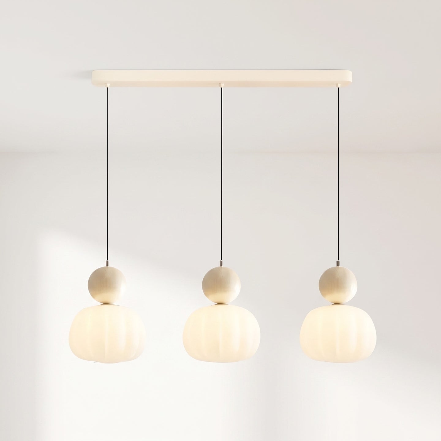Pendant Light, Glass Pumpkin Shade, 1 or 3 Heads, G9 LED Bulb, Adjustable Cord Up to 59in, Glass and Metal Build, 3 Heads, Beige