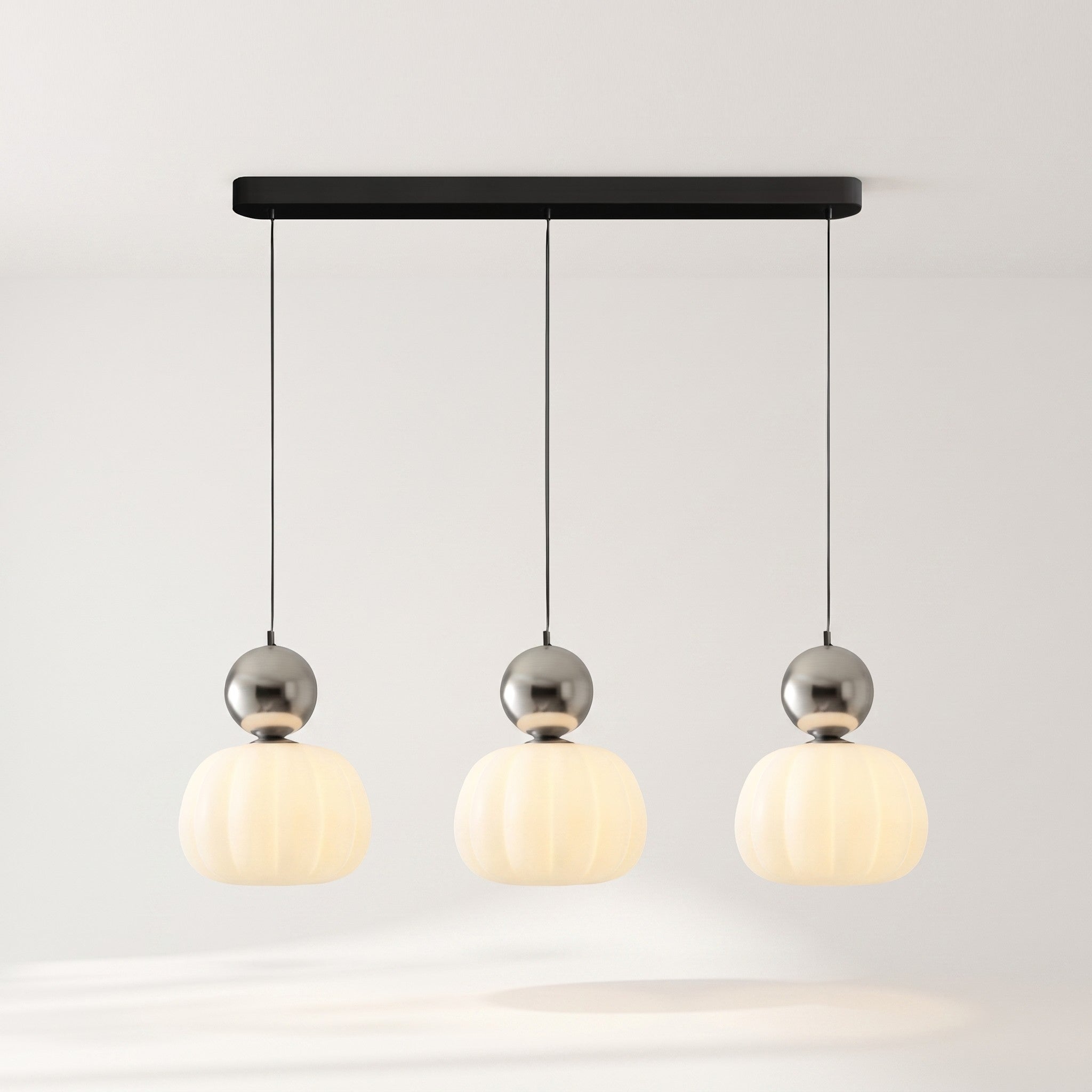Pendant Light, Glass Pumpkin Shade, 1 or 3 Heads, G9 LED Bulb, Adjustable Cord Up to 59in, Glass and Metal Build, 3 Heads, Chrome