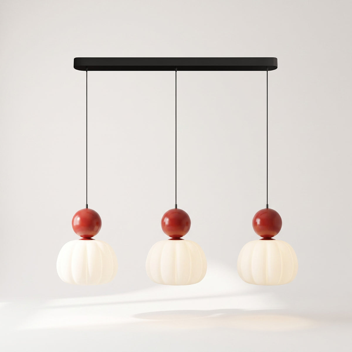 Pendant Light, Glass Pumpkin Shade, 1 or 3 Heads, G9 LED Bulb, Adjustable Cord Up to 59in, Glass and Metal Build, 3 Heads, Red