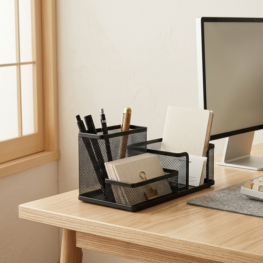 Wooden desk with computer setup including monitor, keyboard, and office supplies.