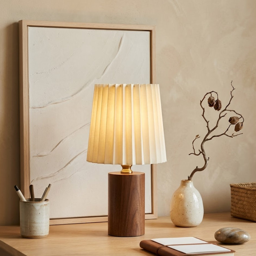 Table lamp on a wooden surface with decorative items and a framed abstract painting in the background.