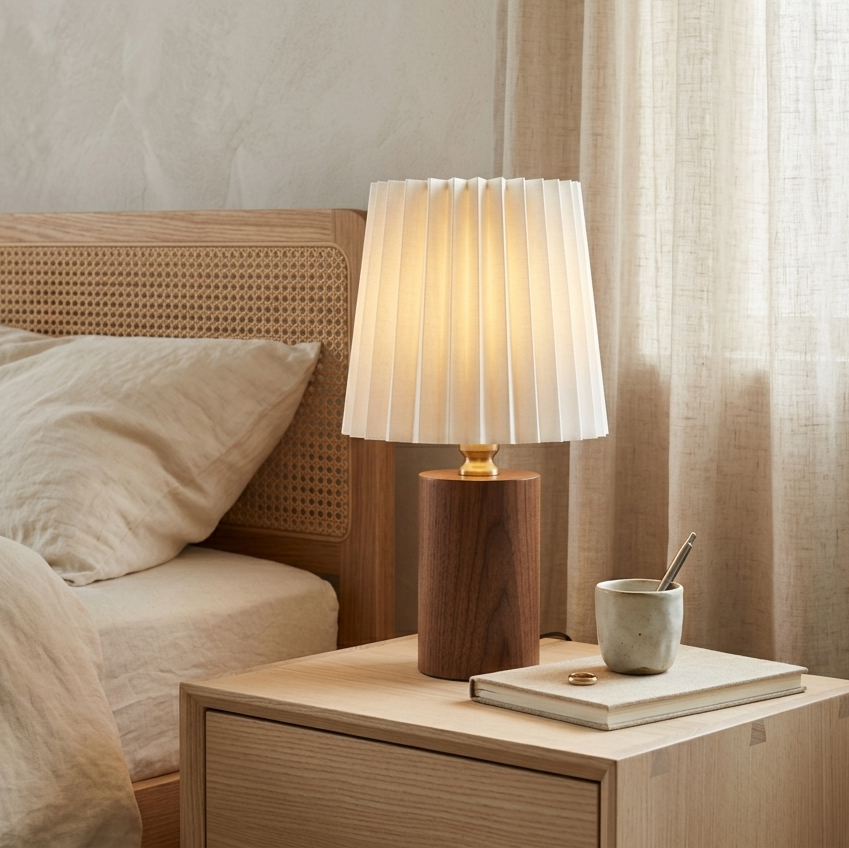 Bedroom scene with a wooden nightstand, lamp, and books.