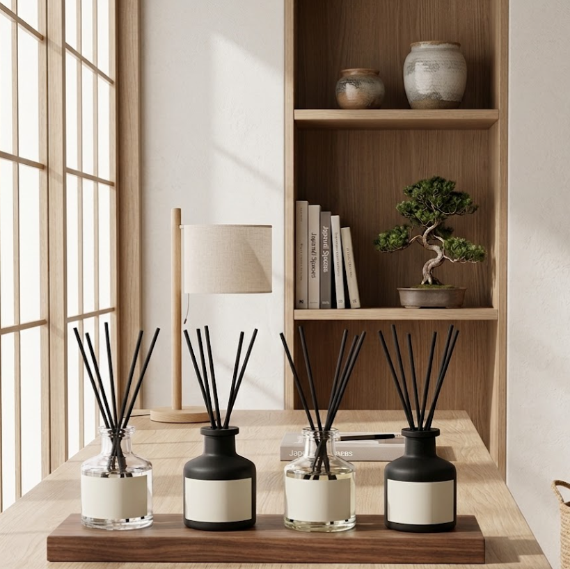 Set of four diffusers on a wooden stand with a bookshelf and lamp in the background