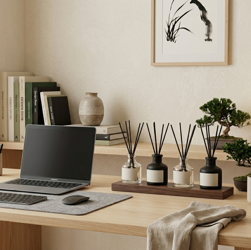 Modern home office with a laptop on a desk, books, and decorative items.