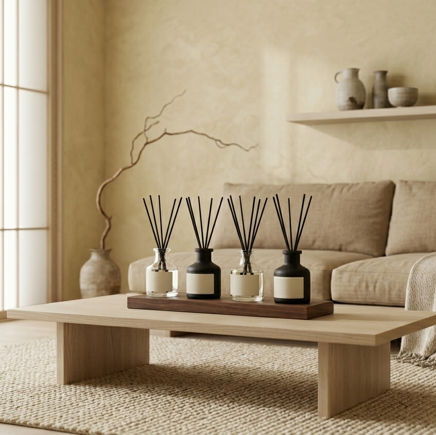 Living room with a beige sofa, wooden coffee table, and decorative items.