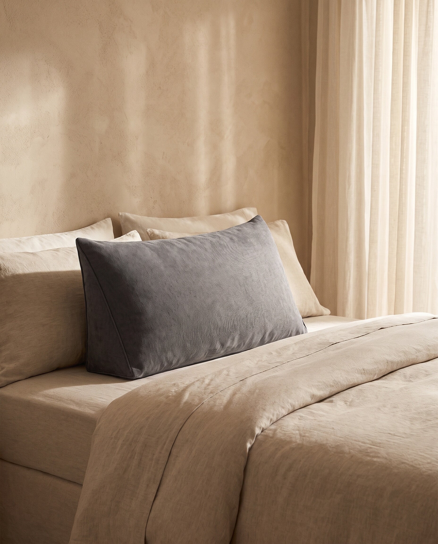 Linen-blend wedge backrest pillow on a bed against a plaster wall
