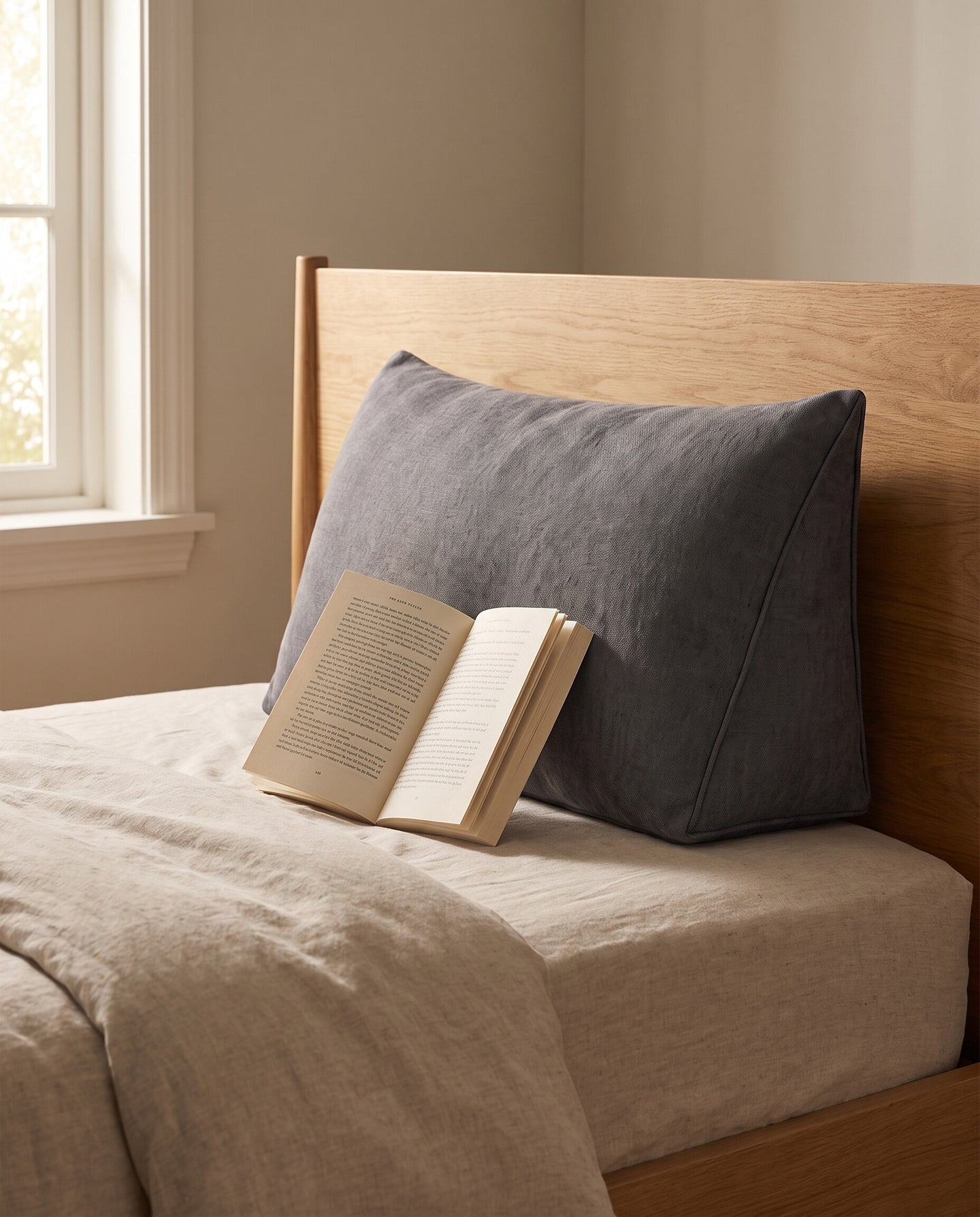 Linen-blend wedge backrest pillow propped against a headboard with a book