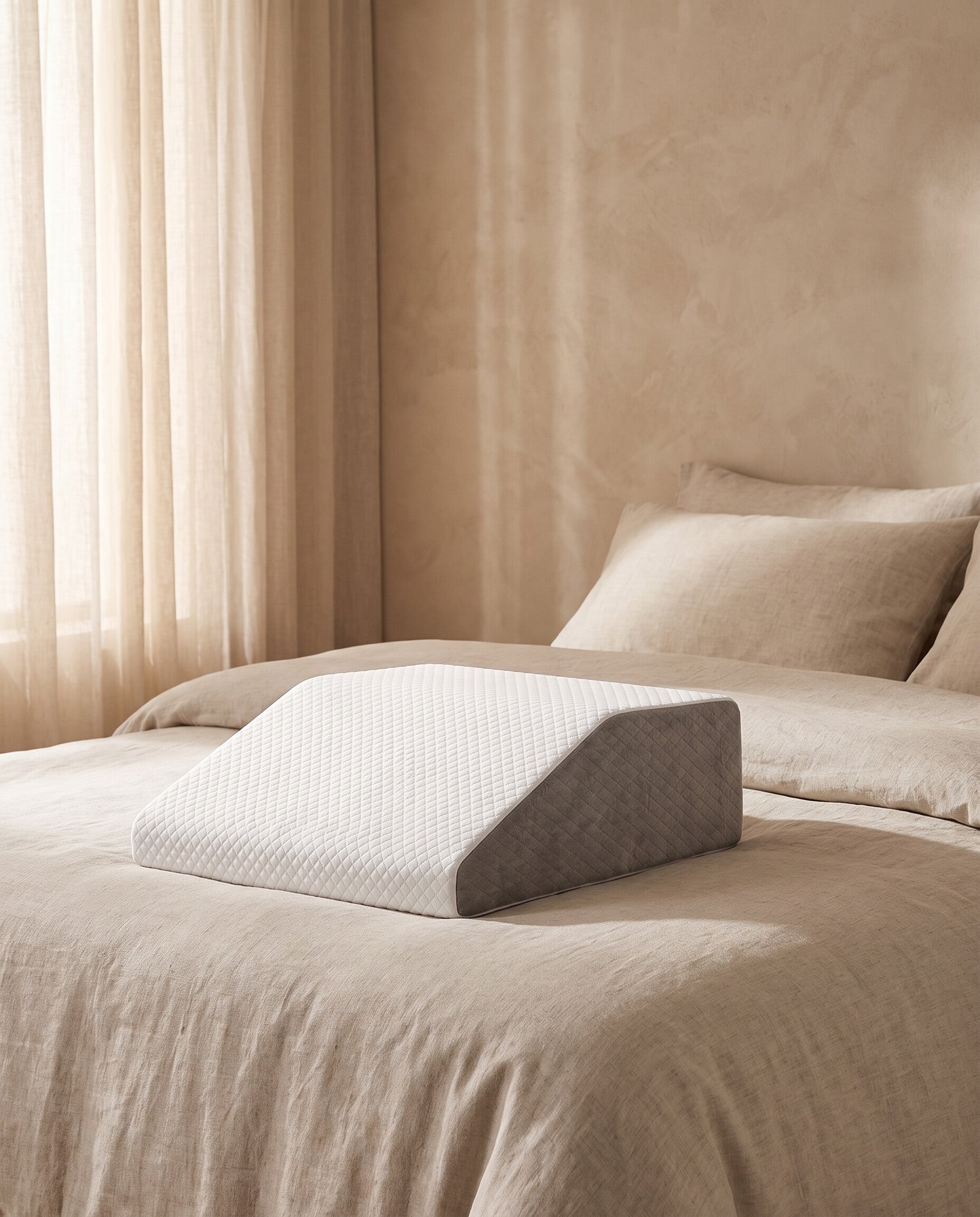 Memory foam leg wedge pillow at the foot of a bed