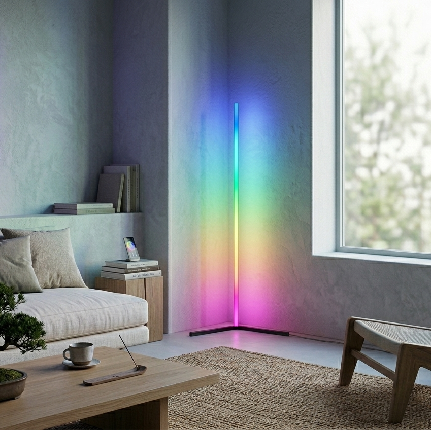 Living room with a colorful LED lamp on a white wall