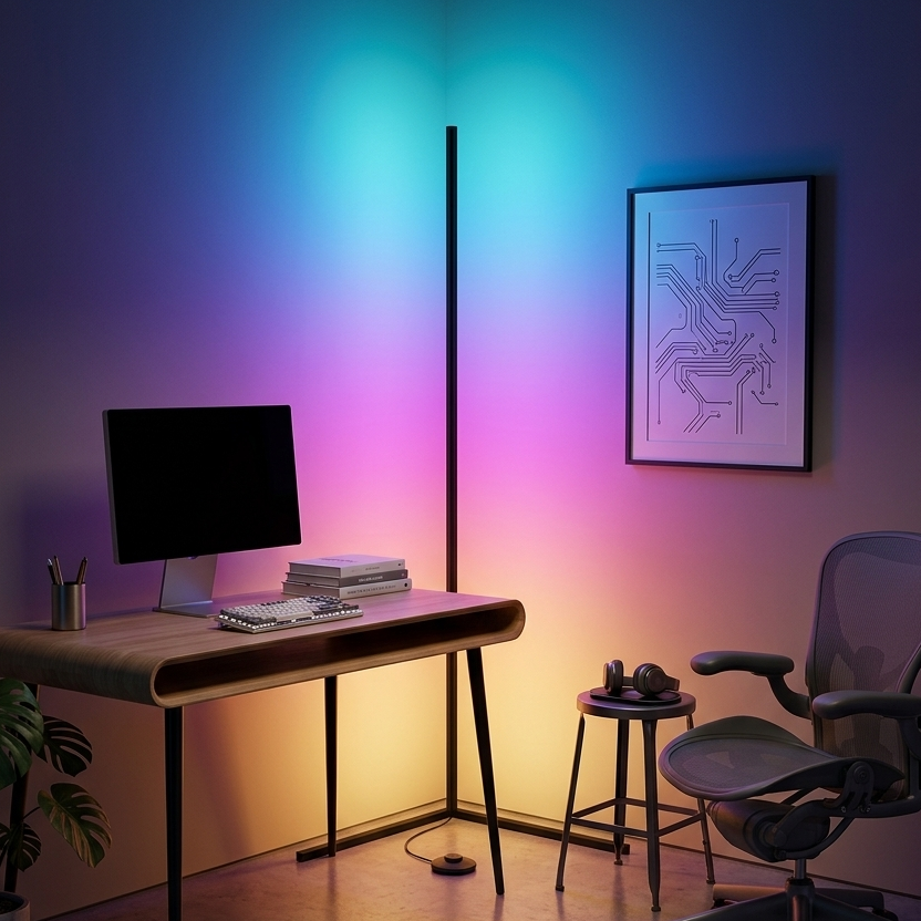 Modern home office with a desk, chair, and colorful LED lights on the wall.