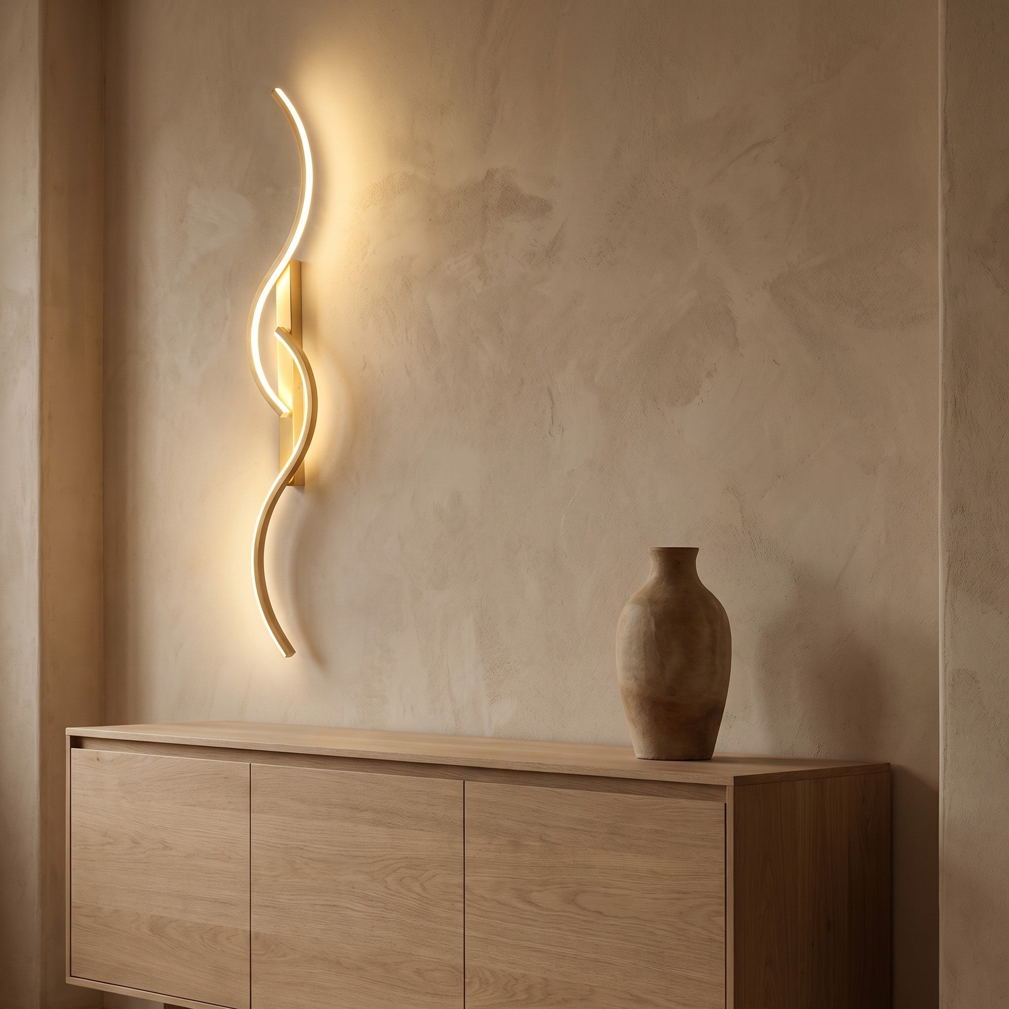 Ribbon curve wall sconce in gold, lit above a white oak sideboard