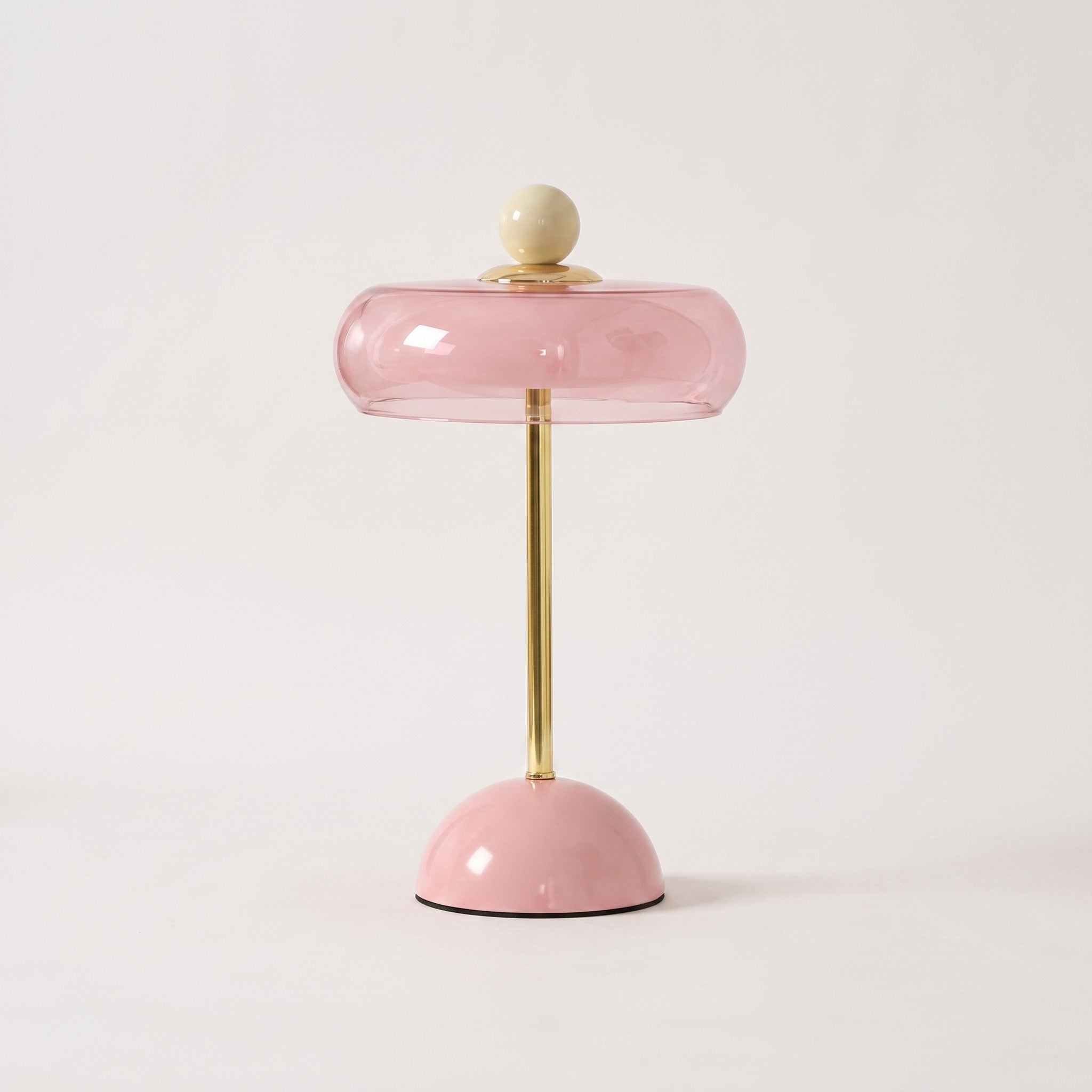 Table Lamp, Ring-Shaped Glass Shade, Ball Finial Accent, Piano-Grade Lacquer Finish, 3 Touch-Switchable Tones, USB-C Rechargeable, 13.4in, Pink