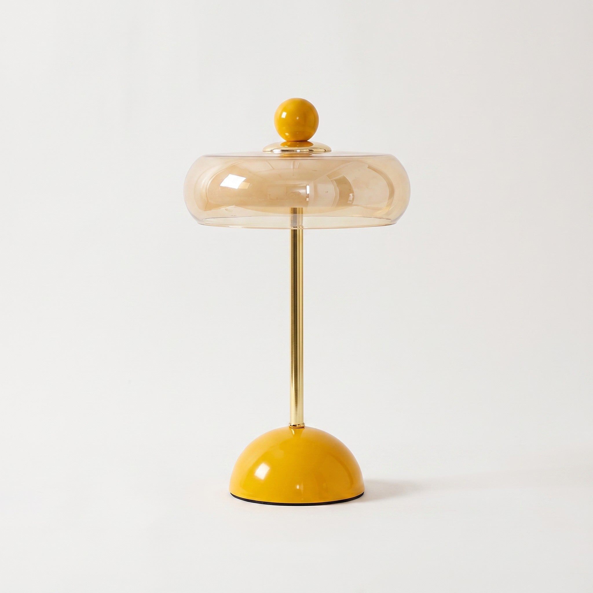 Table Lamp, Ring-Shaped Glass Shade, Ball Finial Accent, Piano-Grade Lacquer Finish, 3 Touch-Switchable Tones, USB-C Rechargeable, 13.4in, Yellow