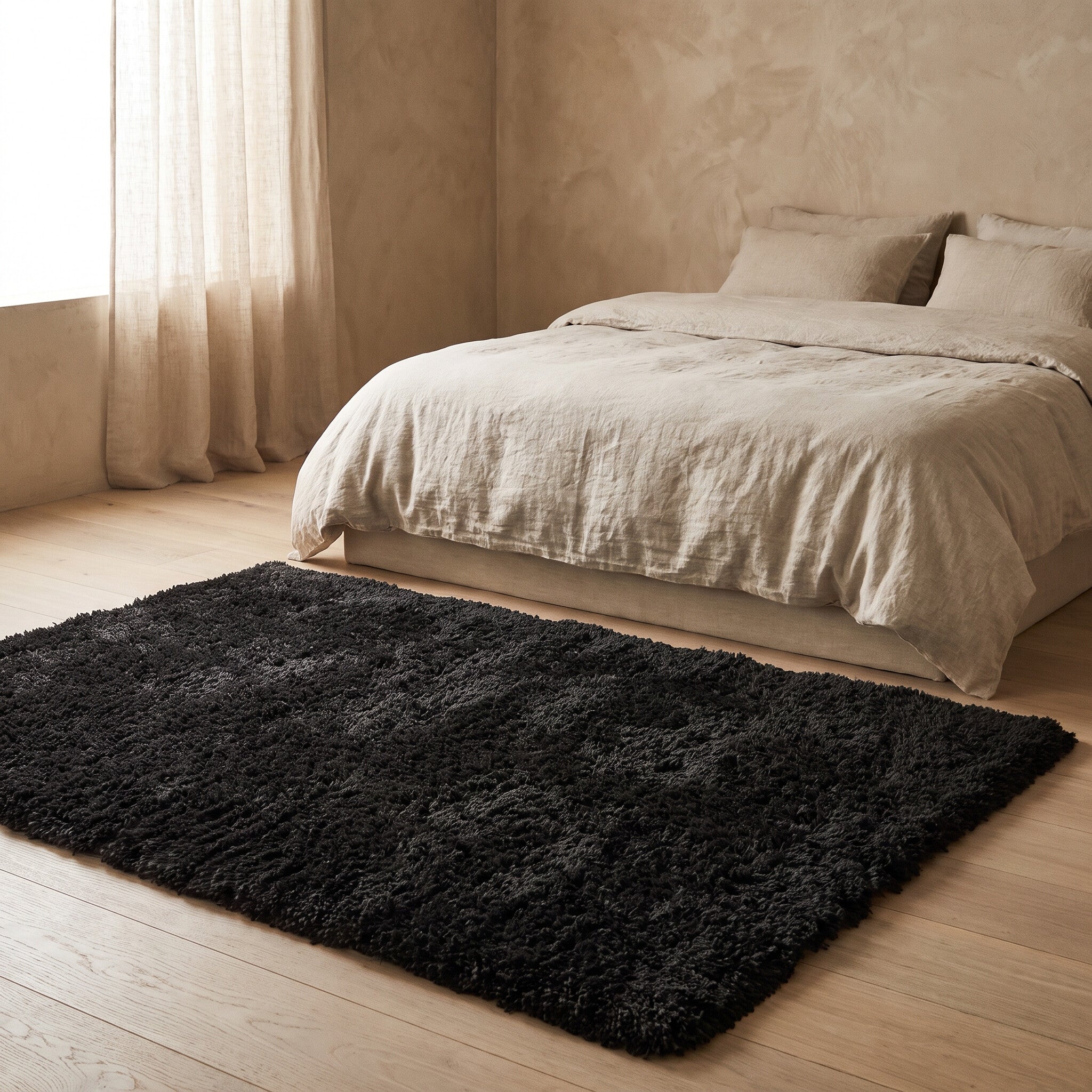 Black shag area rug beside a bed with oatmeal linen bedding
