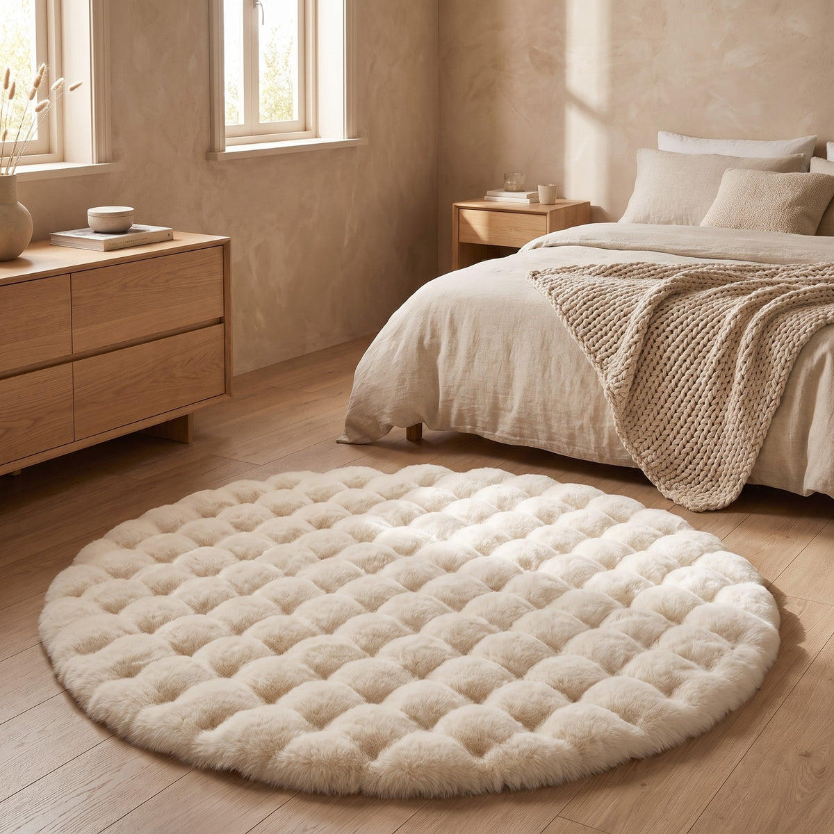 Cream fleece rug styled in a bedroom scene
