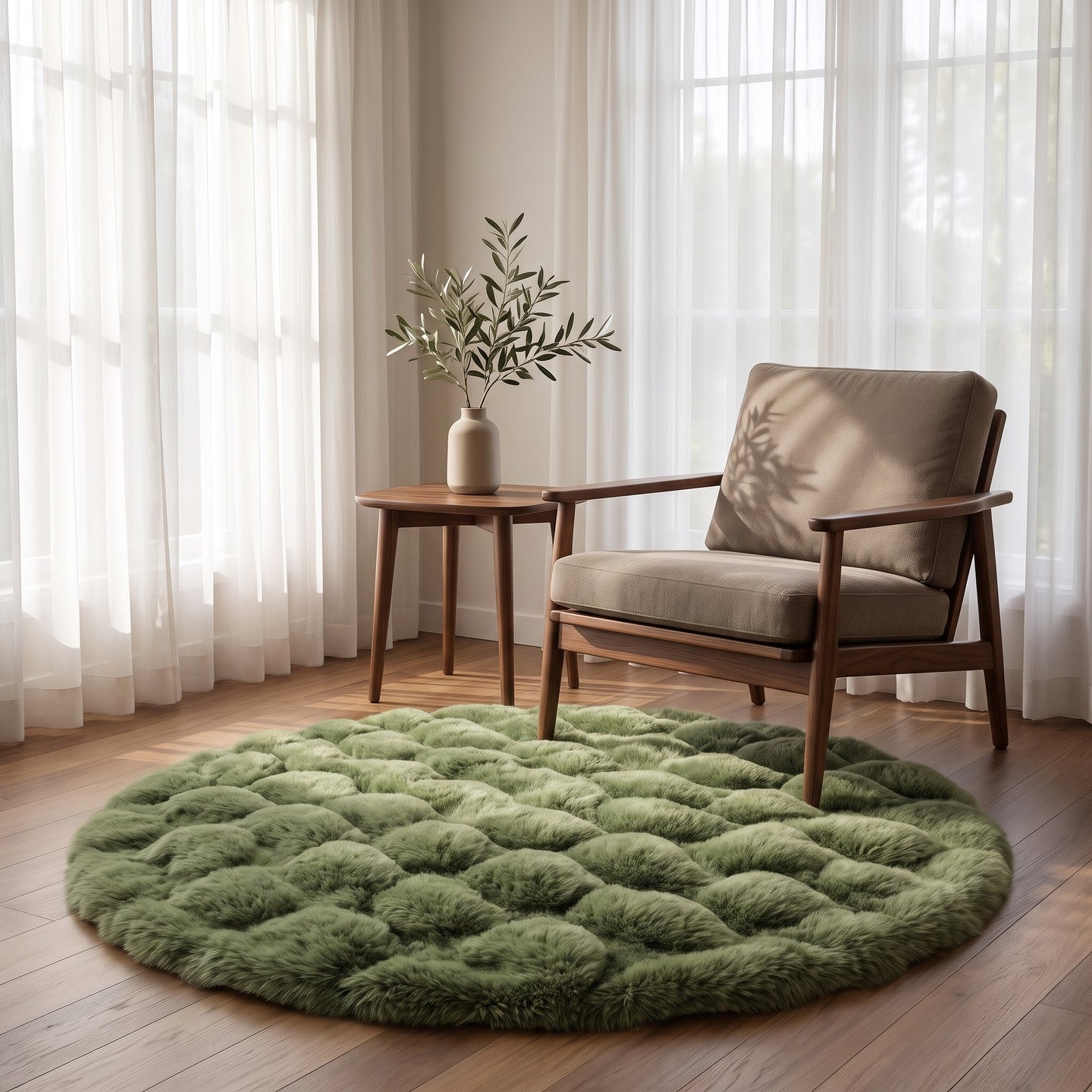 Green fleece rug styled in a reading nook scene