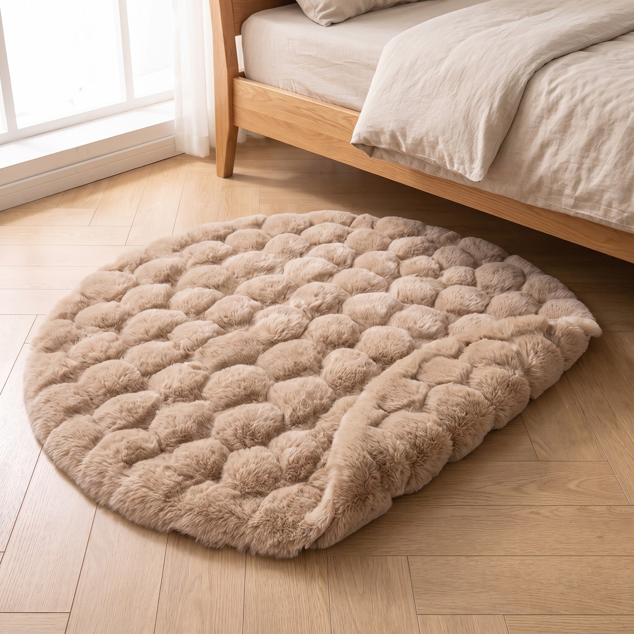 Khaki fleece rug laid flat beside a bed