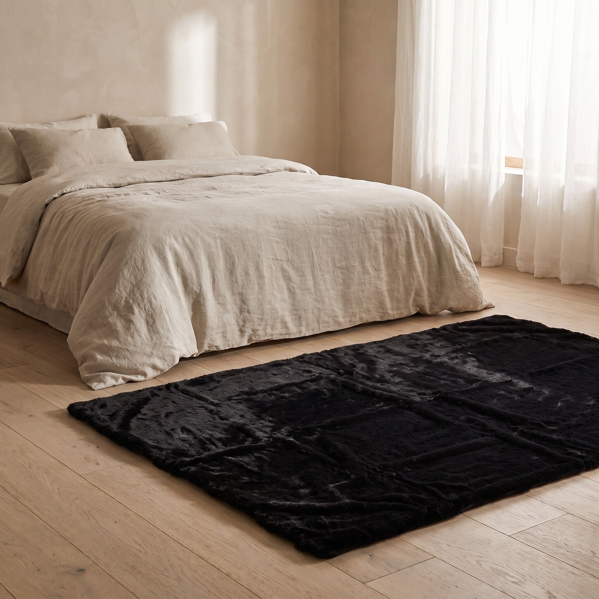 Black plush faux-fur rug beside a bed with oatmeal linen bedding