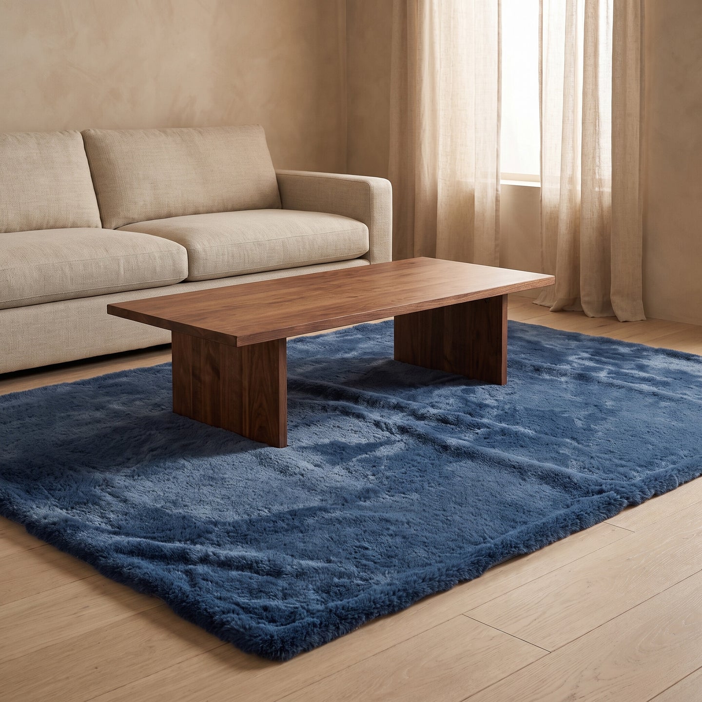 Mottled blue plush faux-fur rug under a walnut coffee table on a pale oak floor