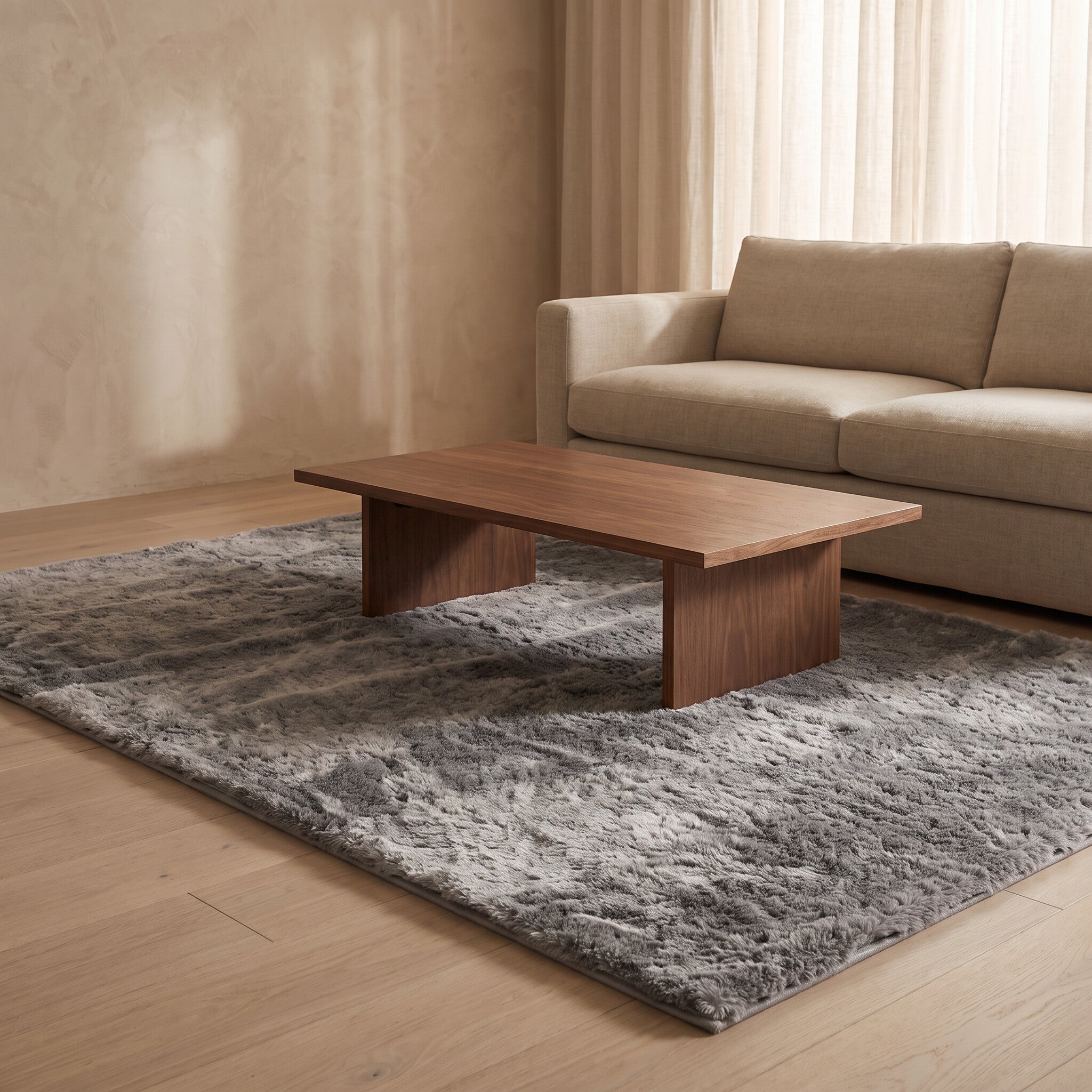 Mottled gray plush faux-fur rug under a walnut coffee table on a pale oak floor