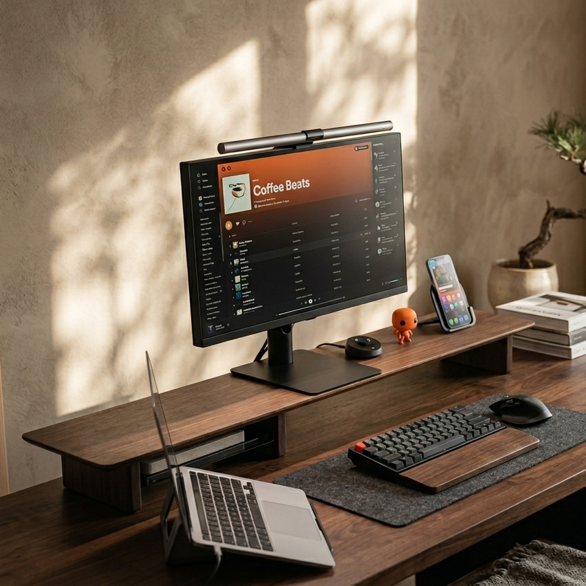 Modern office desk setup with computer monitor, laptop, and various items on a wooden desk.