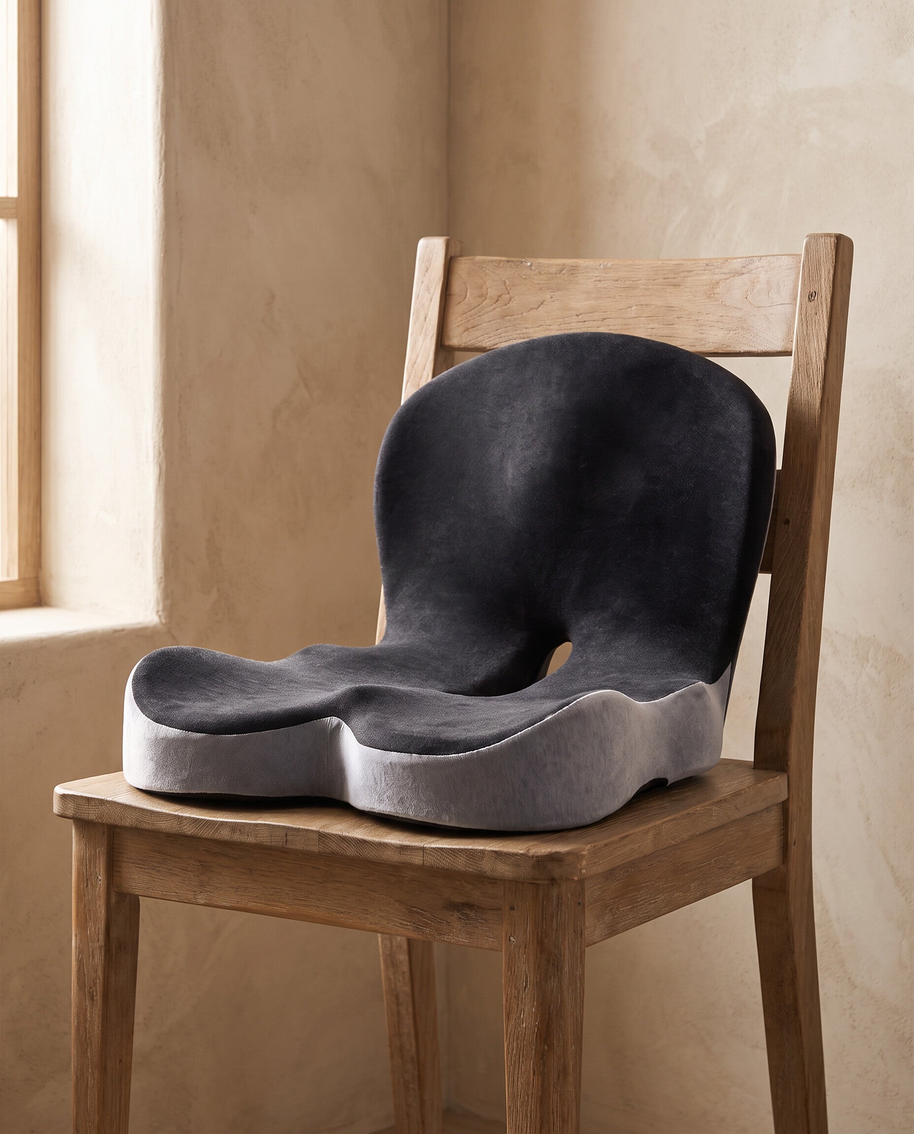 Contoured memory foam seat cushion on a white oak dining chair