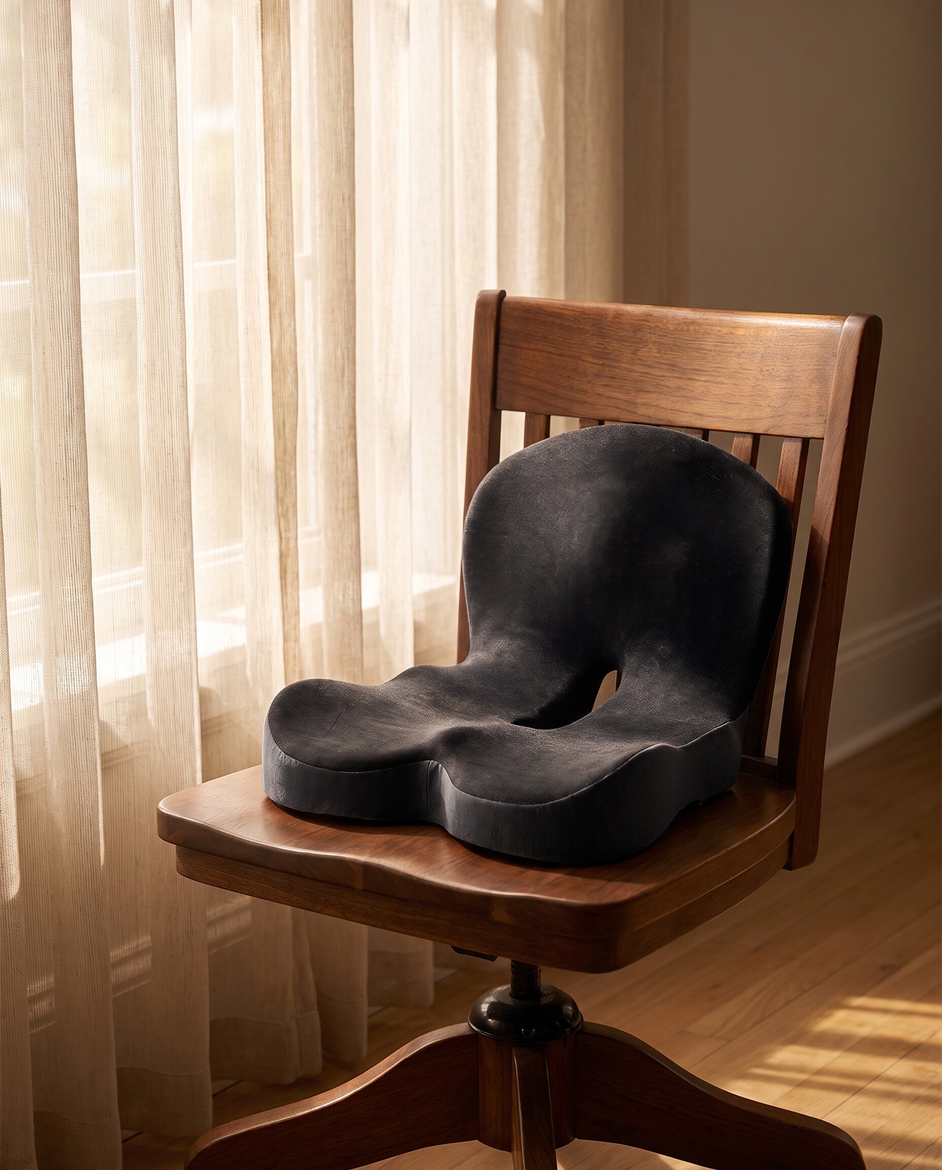 Contoured memory foam seat cushion on a walnut desk chair