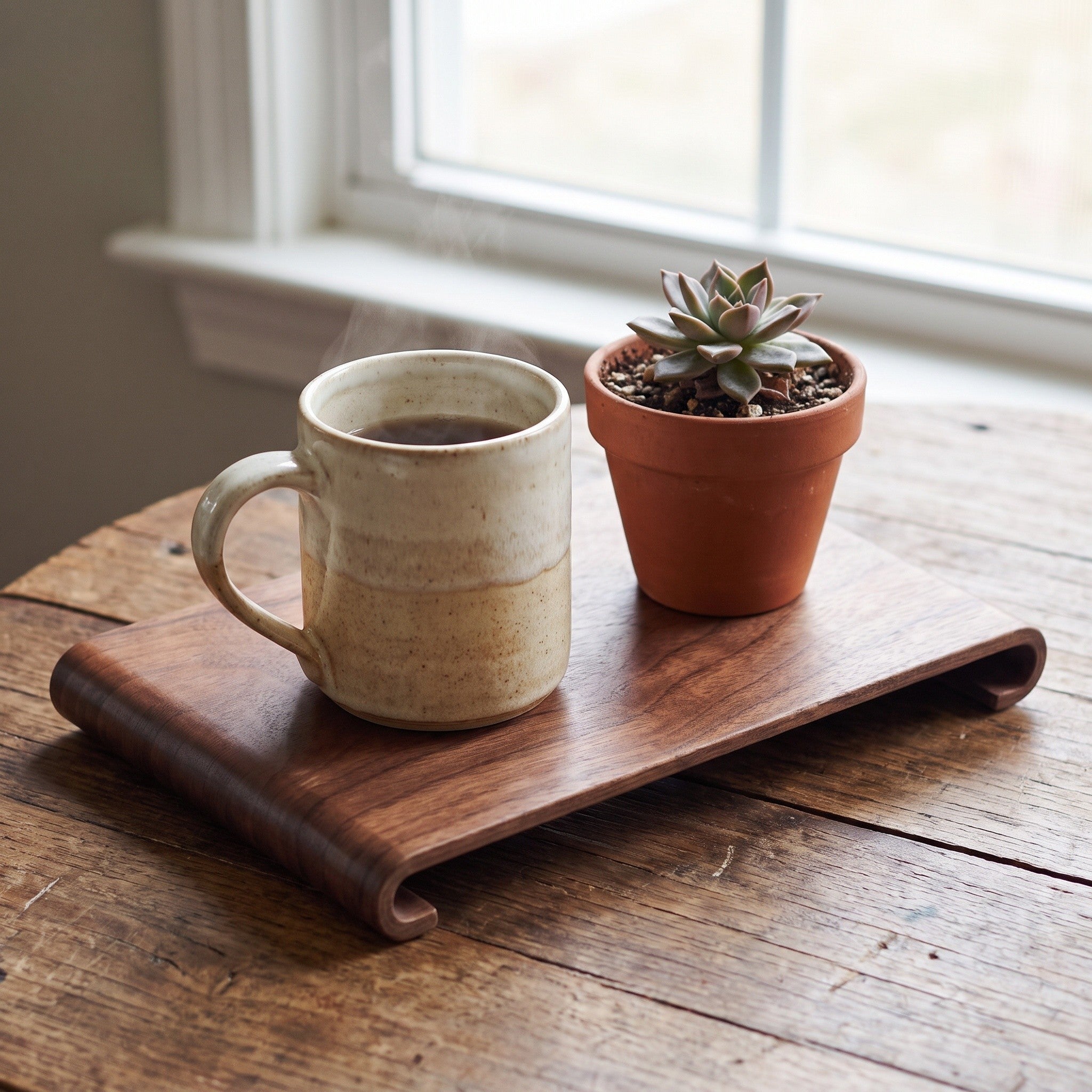 Rectangular wood serving tray holding a mug and small plant