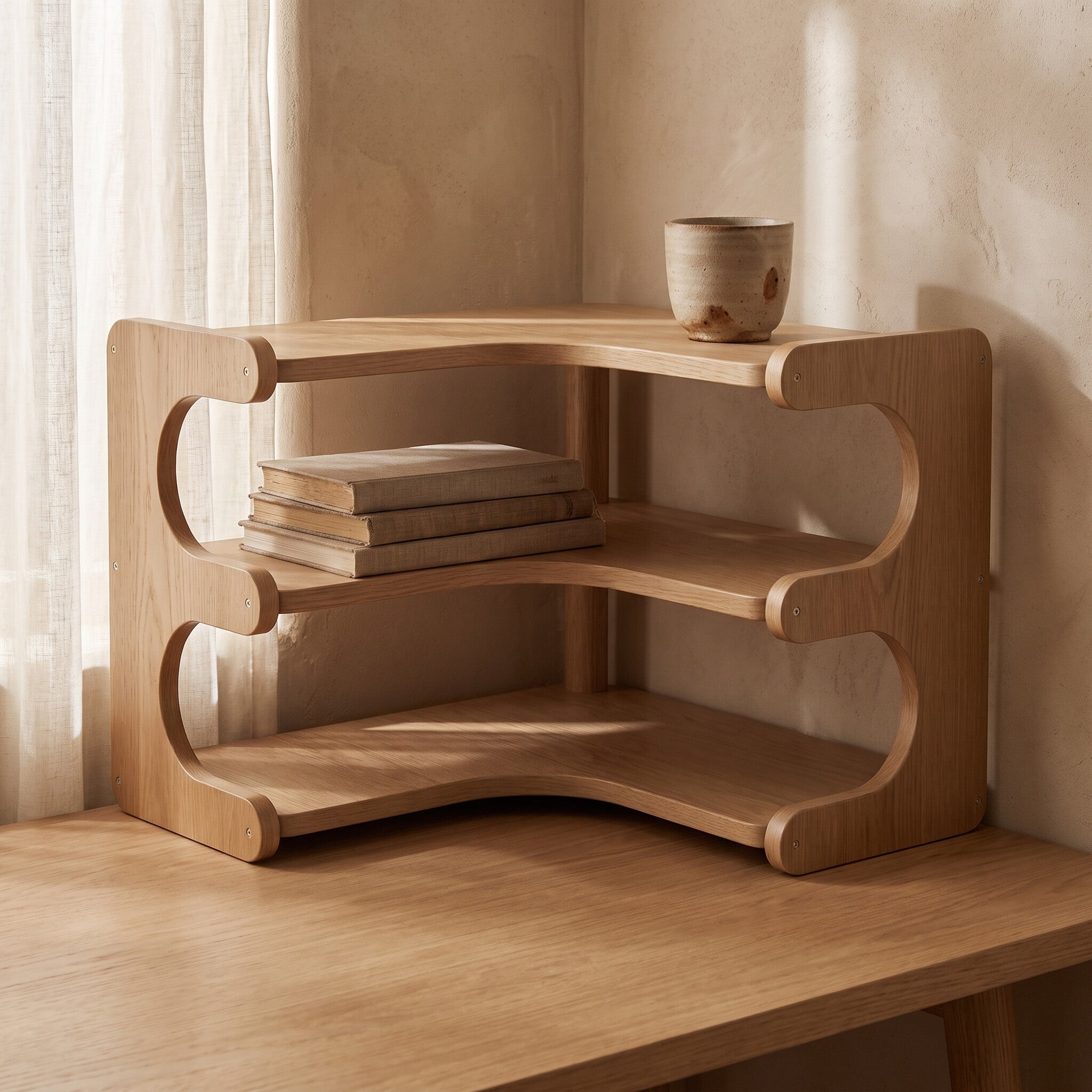 Bamboo corner shelf on a white oak desk with books and a ceramic cup
