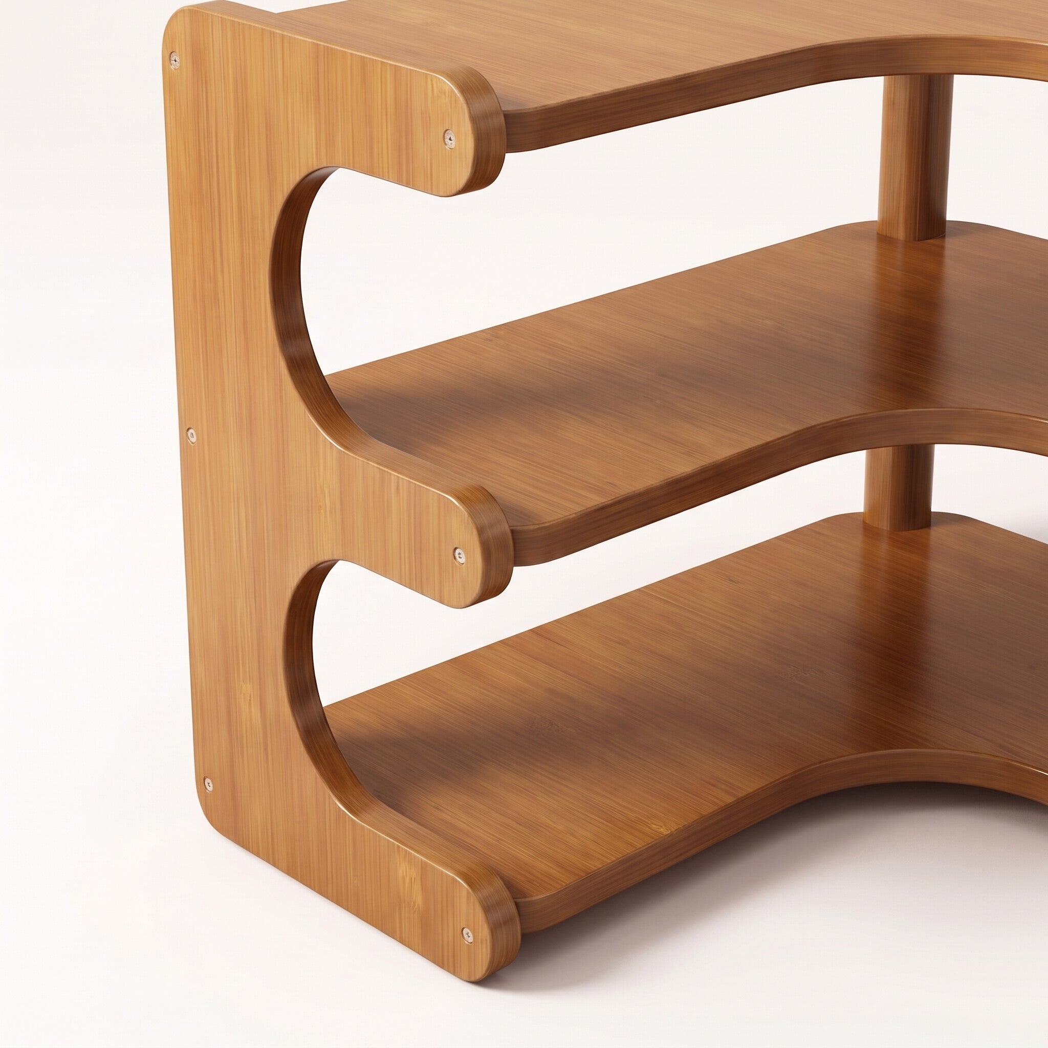 Close detail of the bamboo shelf where the shelves meet the uprights