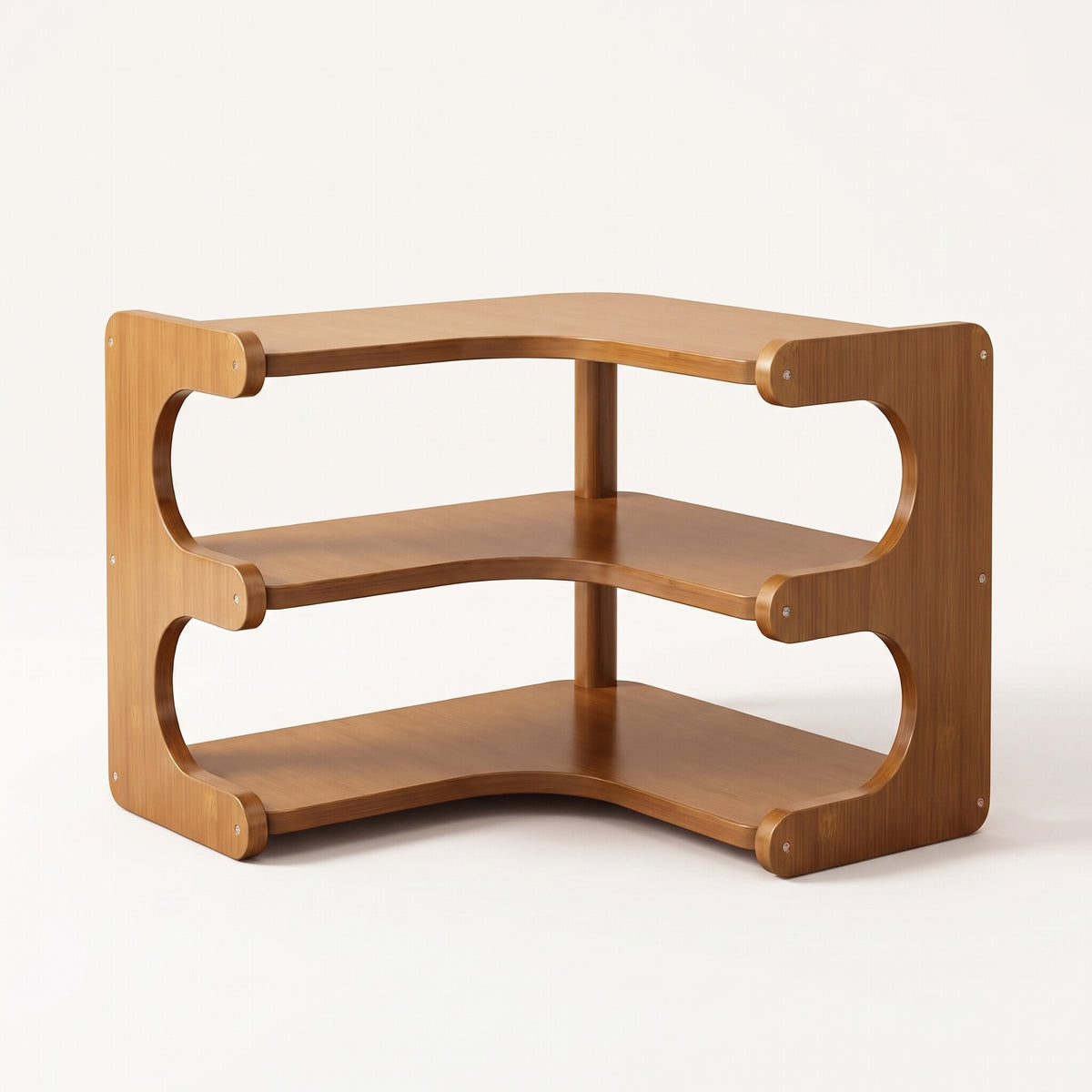 Three-tier bamboo corner desk shelf on a plain off-white background