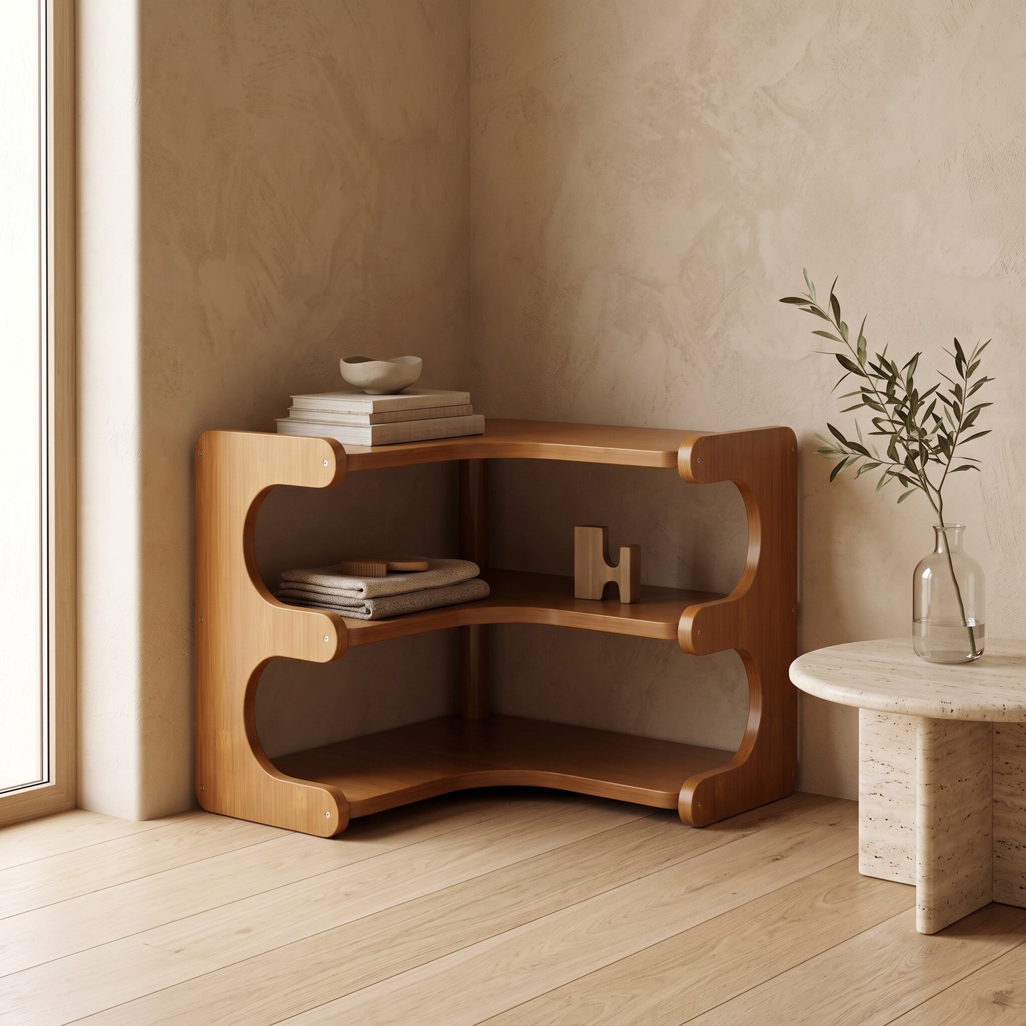 Bamboo corner shelf in a room corner beside a travertine side table