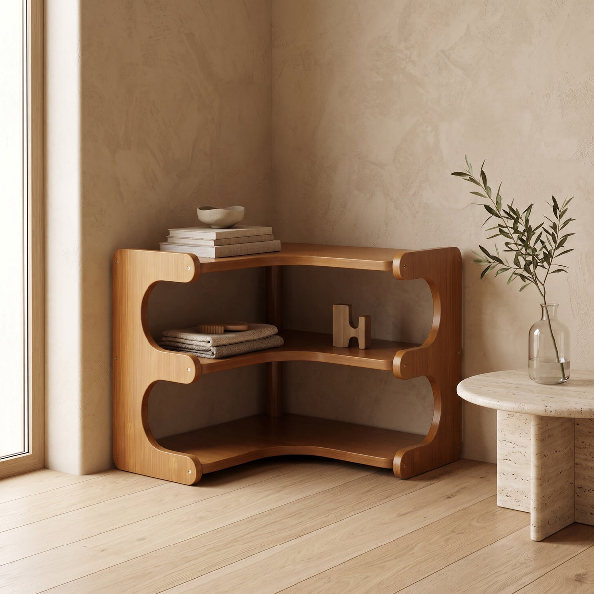 Bamboo corner shelf in a room corner beside a travertine side table