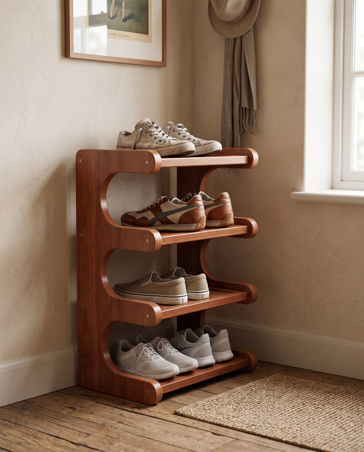 4-tier corner shoe rack loaded with shoes in a narrow entryway, plaster wall and wood flooring