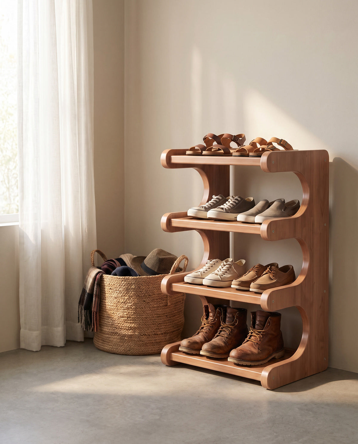 4-tier corner shoe rack with shoes on its shelves in a minimalist mudroom scene with a woven basket